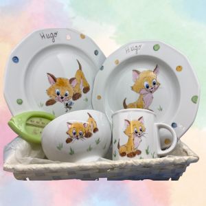 vajillas personalizadas para bebes con un gato dibujado